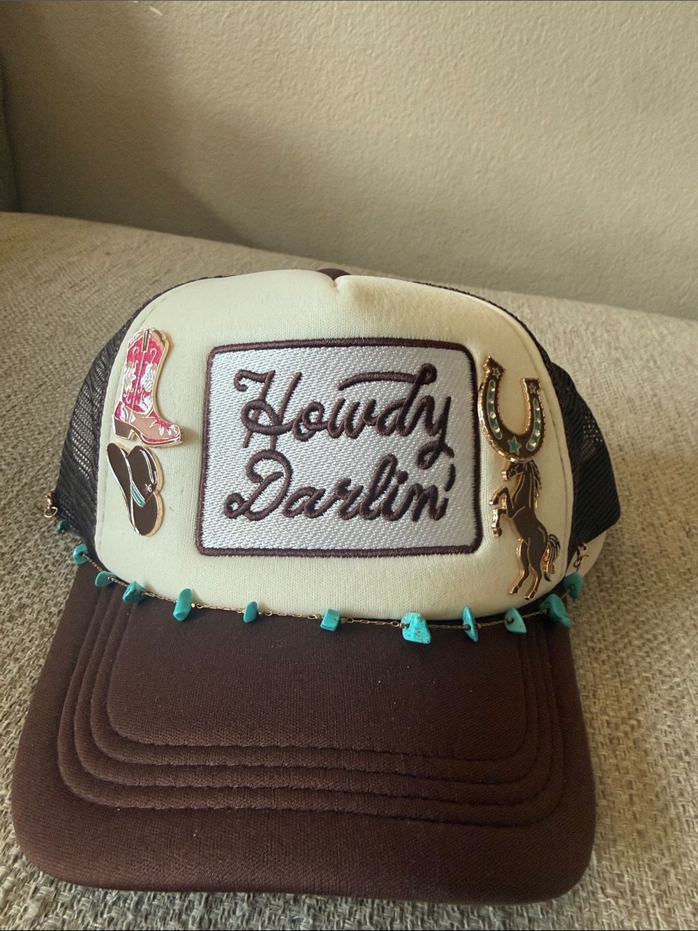 Howdy Darlin' Embellished Trucker Hat - Cream & Brown with Turquoise Accents